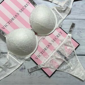 Victoria’s Secret Very Sexy Lace Shine Strap Push-Up Bra Thong Set White New